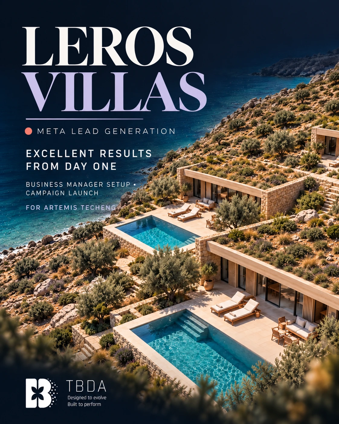 Meta lead generation campaign creative for the Leros Villas project by Artemis TechEng.