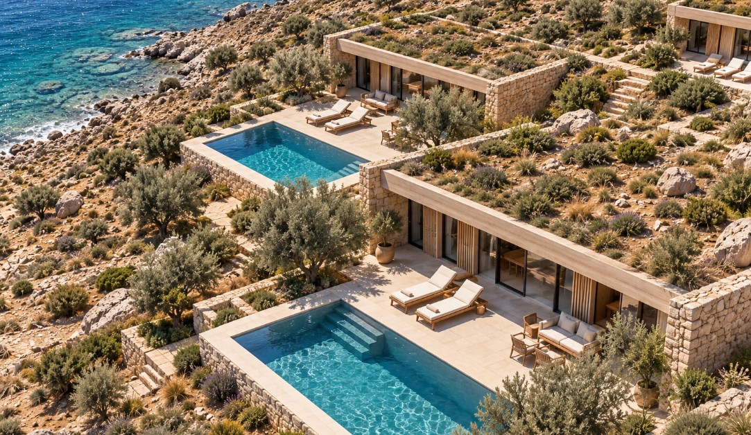 Εναέρια άποψη παραθαλάσσιων κατοικιών με ιδιωτικές πισίνες και πέτρινη αρχιτεκτονική στη Λέρο.